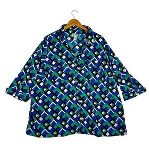 Size 2X Catherines Button Blouse,‎ V-Neck Collared 3/4 Sleeve plus size Abstract